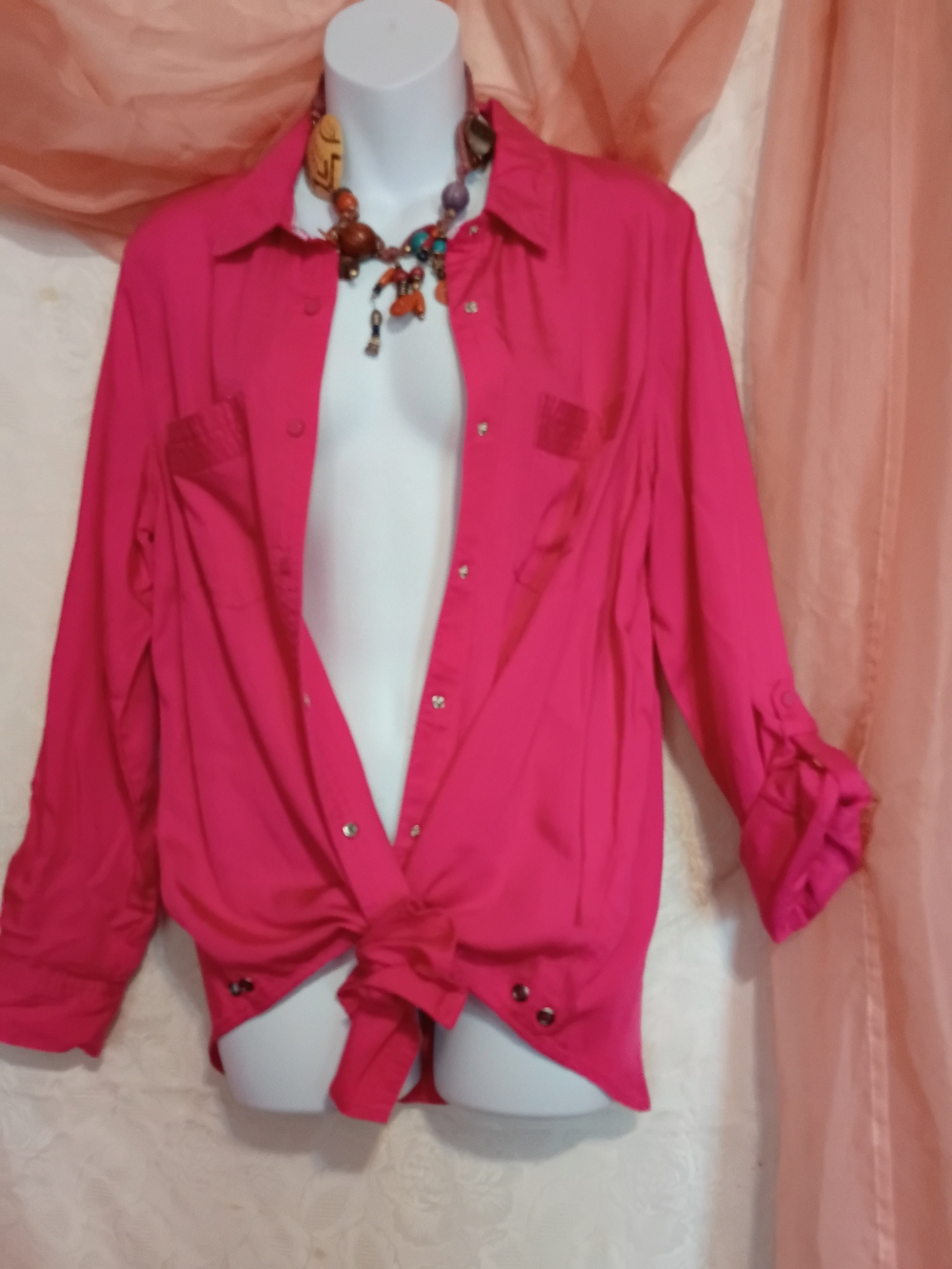 intro. Ladies Bright Hot Pink Button-Down Tie Front Shirt Sz LP